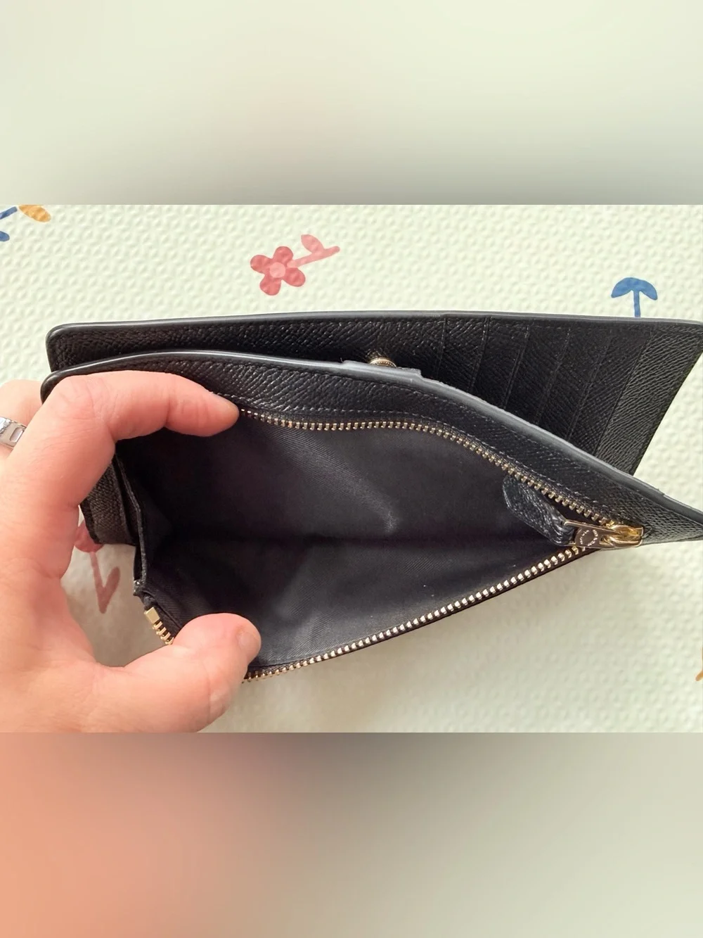 Coach Black Leather Continental Button Wallet with Gold Logo
